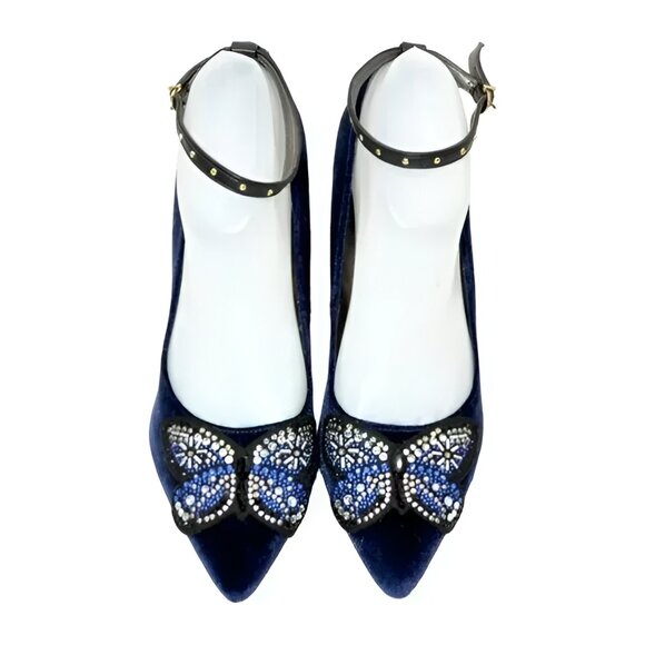 Edelman Sapphire Dark Navy Blue Butterfly Beaded Velvet Holiday Pumps Heels 7.5 - Picture 3 of 9